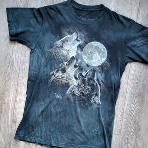 3 Wolves Howling at the Moon gray/black tie die t-shirt by The Mountain, size S